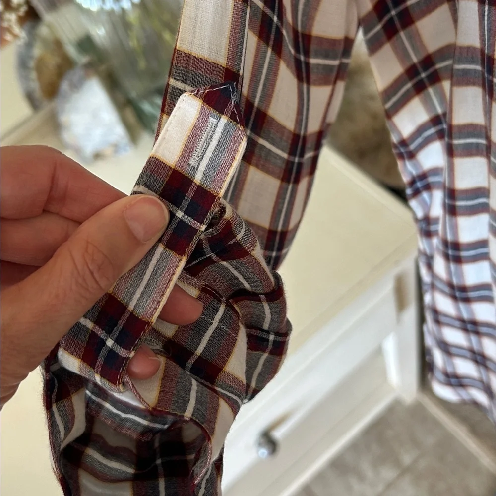 Ann Taylor loft white navy maroon plaid long sleeve boxy sheer blouse top M​​ - Picture 4 of 11